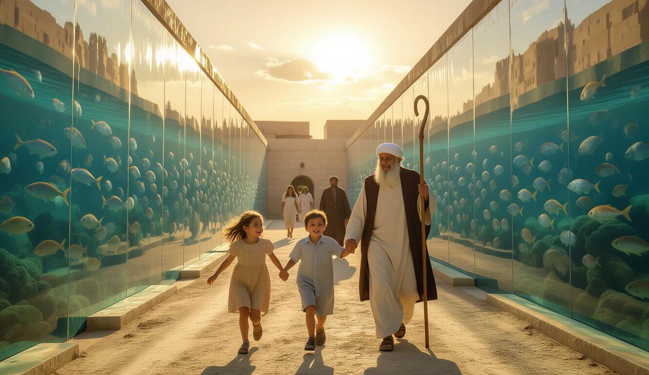 Scene with children running along a sandy path. Elderly man holding a child's hand. Fish visible in transparent walls of water. Sunlight casting a golden hue across the scene. Moses seen in the background with a staff.