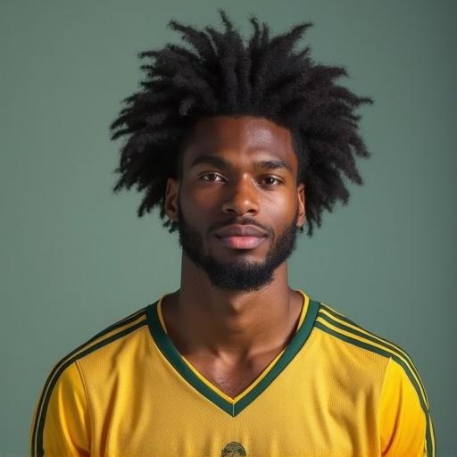 Young man with black hair and sharp jawline wearing a yellow football jersey in a frontal view