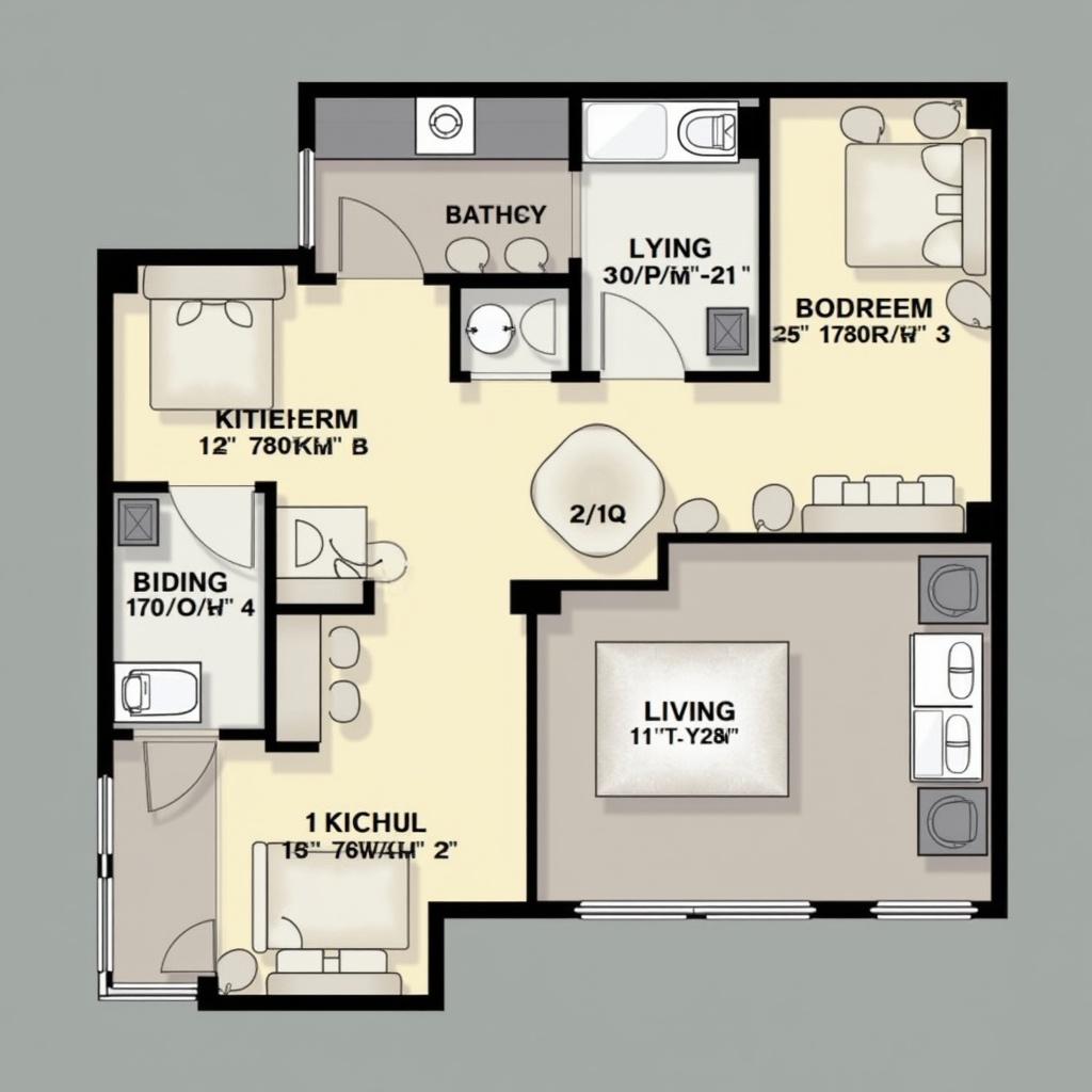 2BHK apartment layout with bedrooms, kitchen, bathroom, living area in a 75 square meter design.