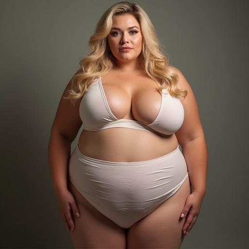 Plus-size blonde woman in neutral bikini. Emphasizes confidence and beauty. Soft lighting highlights curves.
