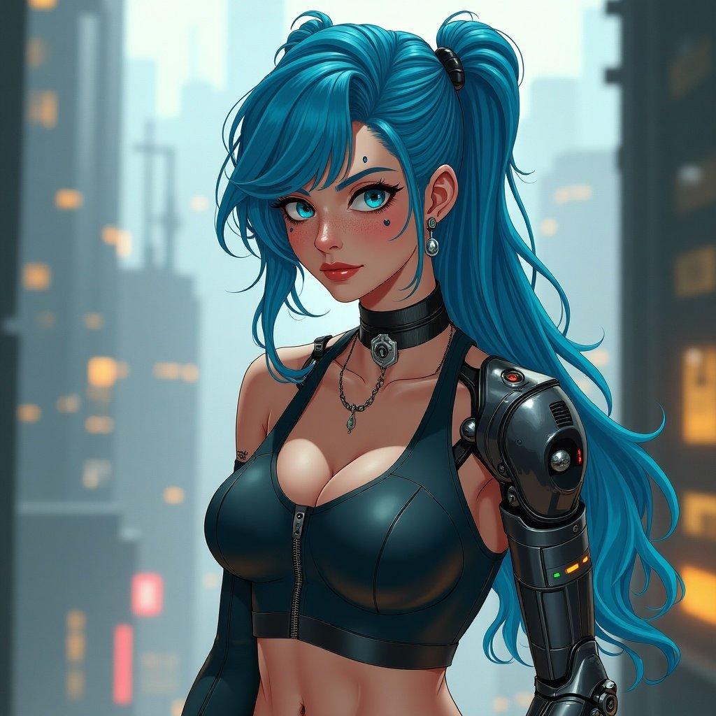 A female character with blue hair and freckles. She has tattoos and a septum piercing. One arm is robotic. She appears as a bounty hunter and has a stylish outfit accentuating her figure.