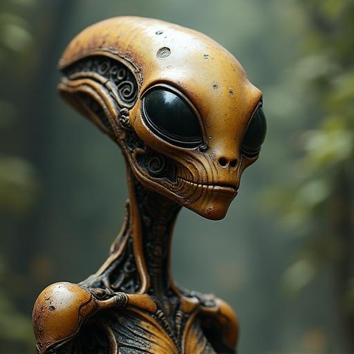 A beautifully crafted alien figure with large black eyes and intricate details. It has a smooth golden-brown skin texture and an intelligent expression. Natural surroundings enhance its unique appearance.
