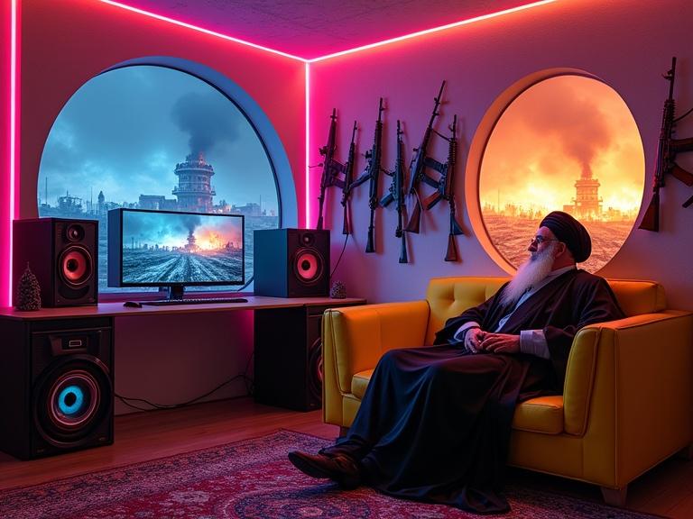 Ayatollah Khomeini seated on a bright neon yellow couch in a futuristic gaming room. The room features cyberpunk designs and AK-47 guns on the walls. The background shows a burning building, resembling a battlefield. High-tech gadgets illuminate the space with neon lights and sub-woofer speakers are present.