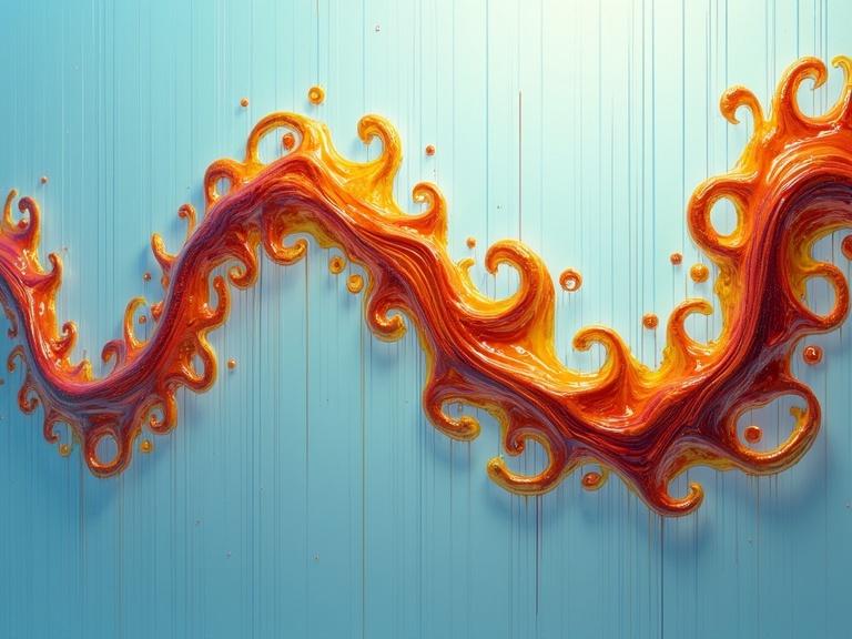 Digital painting features a reflective surface with abstract ornamental shapes on a light blue background. Shapes are fluid and distorted with warm hues from orange to yellow. Dark tones create contrast. Shapes have stripes and dots with highlights that enhance depth and movement. Art evokes a molten texture and vibrant luminosity.