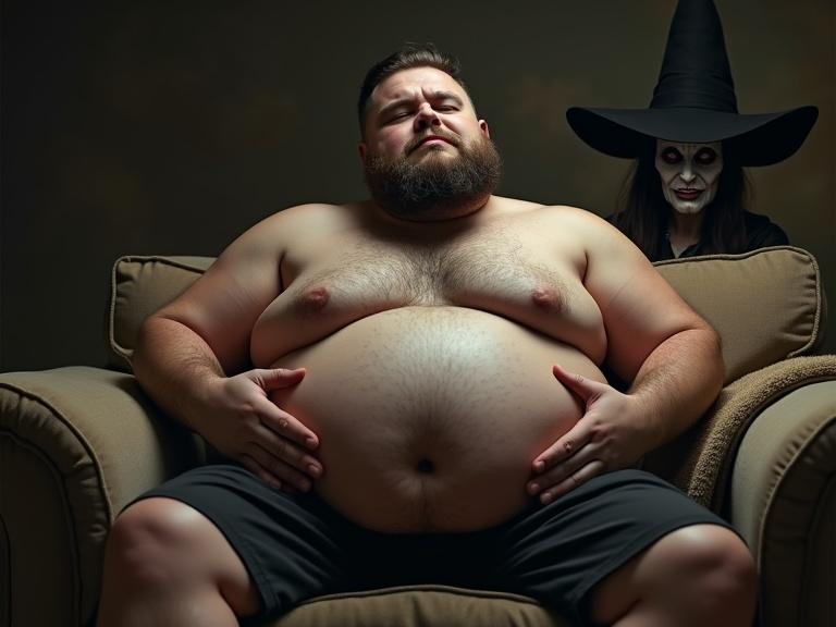 Photo realistic image of a young obese man lounging back on a sofa with feet up. The man has his hands resting on his large belly. In the background, a witch is visible with a smirk. Magic flows from her outstretched hands towards the man's belly.