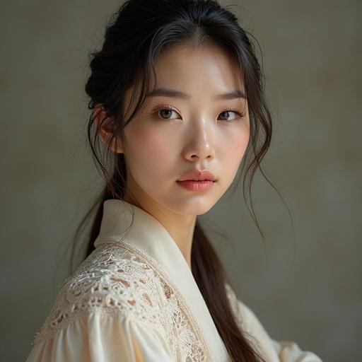 A portrait of a woman from Korea. She has soft features and long hair. The lighting is gentle and natural. The focus is on her face.