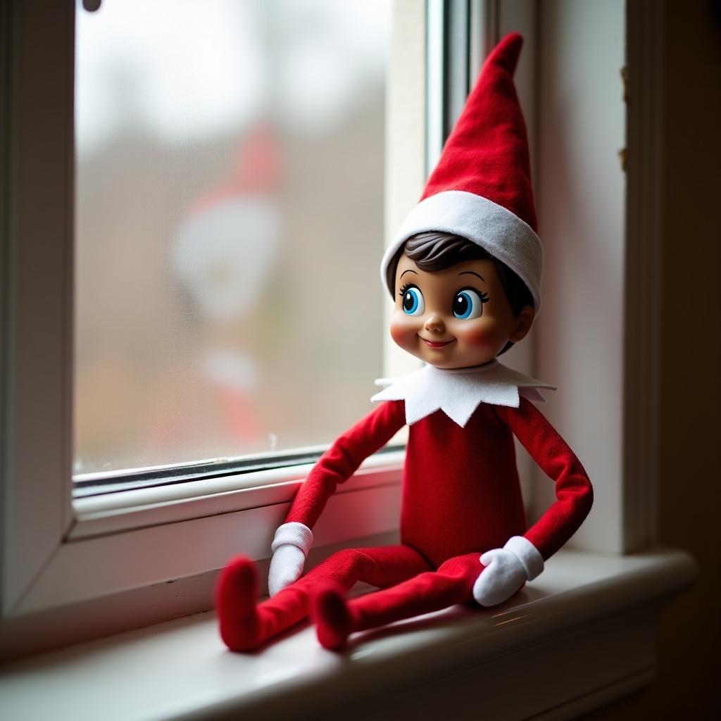 Elf on the shelf doll sitting on a windowsill. Bright colors. Soft focus.