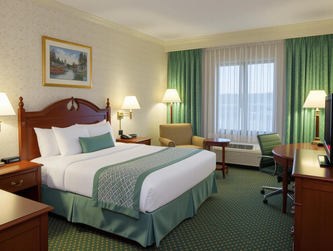 Hotel room with a comfortable bed and nightstand. Brightly lit with curtains and a view outside. Cozy sitting area with a chair and desk. Suitable for travelers. Classic hotel decor.