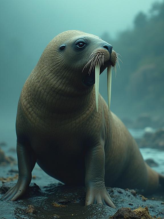 Generate an image of a walrus in the Arctic. Background features a foggy environment adding to the scene.