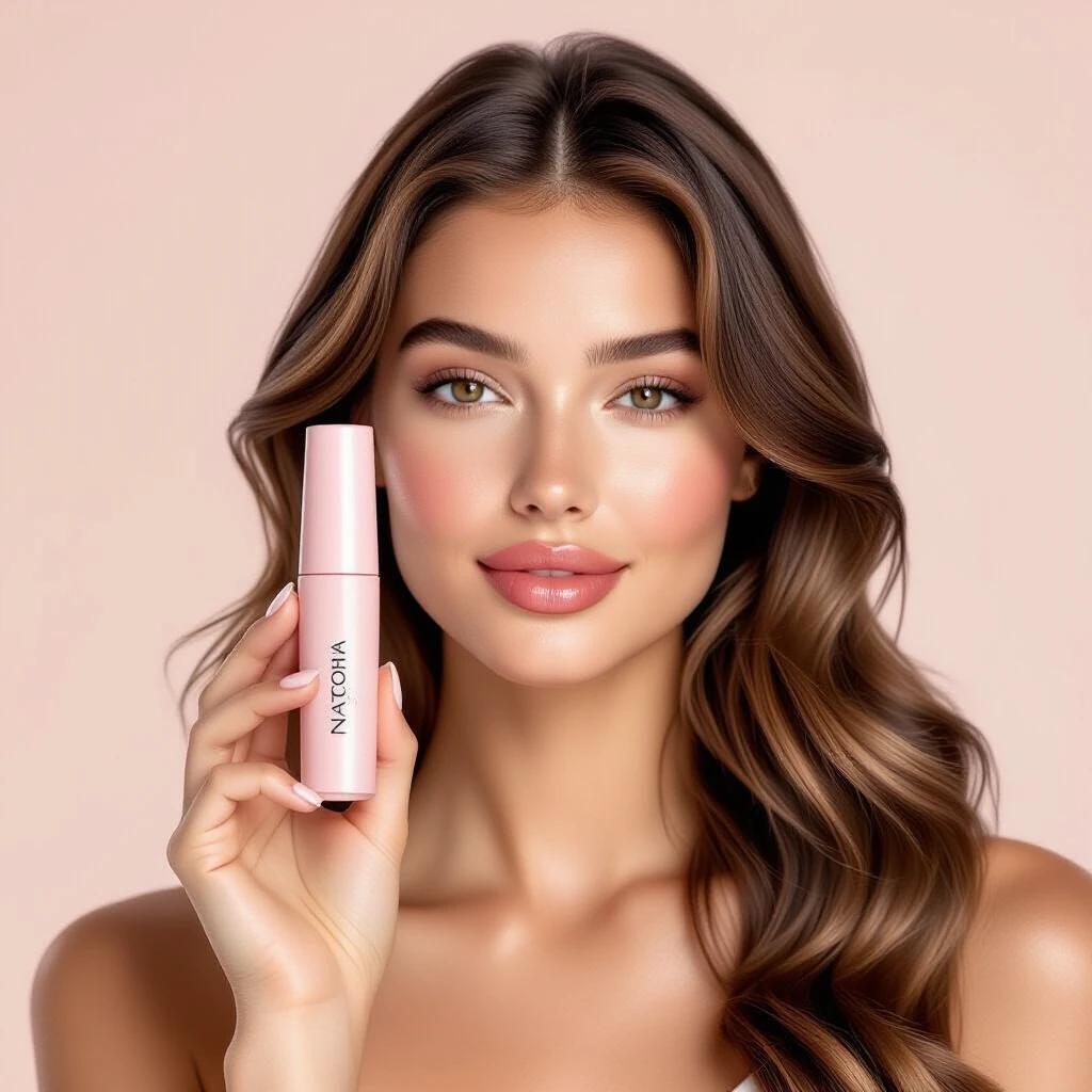 Young woman with long wavy hair and glossy lips holds a skincare stick. The product features matte light pink packaging and a rounded clear roller tip. Brand name in modern font. Model displays smooth, radiant skin for a luxury aesthetic.