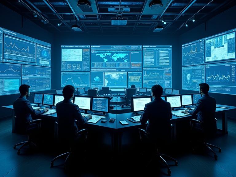 A futuristic control room features large digital screens displaying cloud infrastructure metrics and global server statuses. Operators in sleek uniforms monitor real-time analytics. The environment is dimly lit with blue ambient lighting and neon elements.