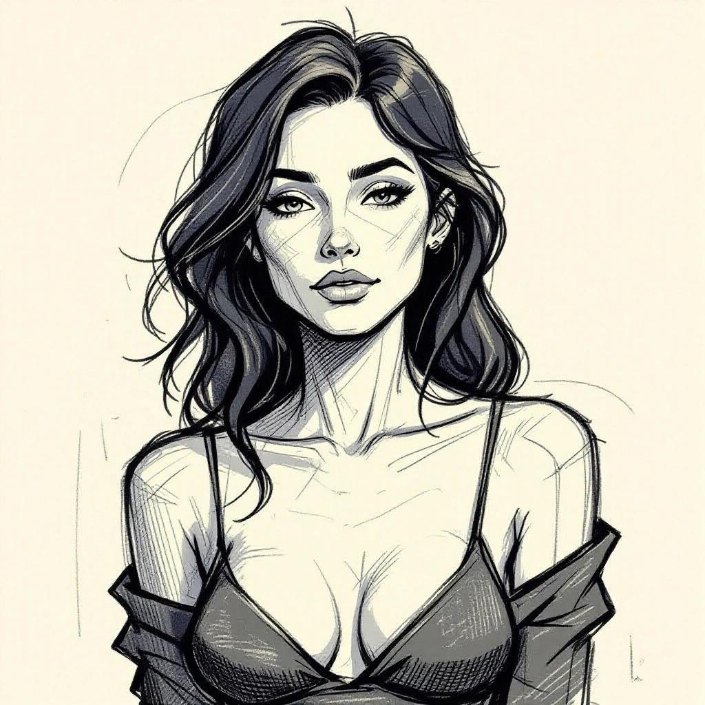 A sketch of a woman with long hair wearing a black top. The style is monochrome and focuses on facial features and expression.