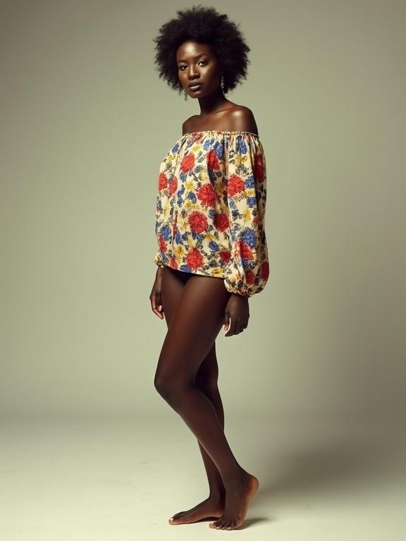 A black woman stands confidently in a relaxed pose. She wears an off-the-shoulder, thigh-length blouse with a vibrant floral pattern in red, blue, and yellow. Soft lighting from the right creates gentle shadows. The composition follows the Golden Ratio, showcasing her figure elegantly against a smooth background.