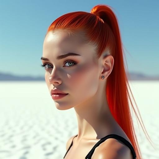 Realistic and detailed close-up photo of a young woman with long red-orange hair in a ponytail, pale skin, and a strong gaze. She stands against a bright white desert landscape and blue sky. Wearing a black tank top, showing a tattoo on her arm and an eyebrow piercing. Light creates interesting shadows and textures.