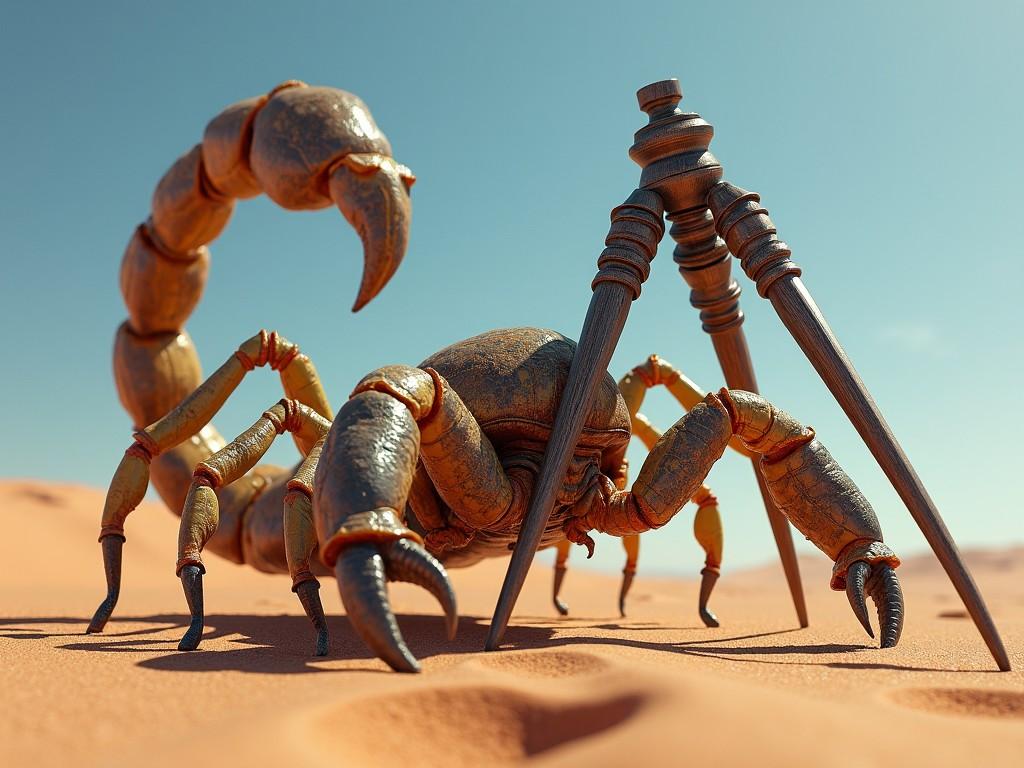 This image showcases an ultra-realistic depiction of a muscular scorpion, prominently featured in a desert landscape. The scorpion is gripping a tripod, which adds an intriguing and surreal element to its appearance. The vivid colors reflect the harsh yet beautiful environment of the desert, with a clear sky above. The details on the scorpion's body highlight its strength and unique characteristics. This imaginative concept blends nature with an unexpected twist, making it visually striking.