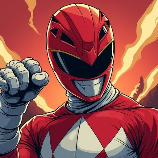 Red Power Ranger illustrated in a Yugioh inspired style. Emphasizes bold colors and dynamic action pose. Character shows confidence and determination.