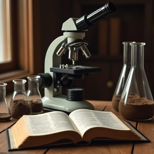 Closed holy bible placed on a table alongside a microscope and soil samples in glass flasks on the same table