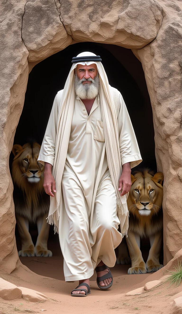 A Hebrew man emerges with confidence from a den. He wears traditional white clothing. Lions stand majestically in the background, enhancing the scene's artistic feel. His expression conveys serenity and strength.