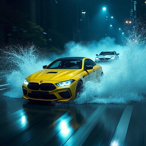 Yellow BMW races through the street at night. Behind it, a silver Mercedes GTR overtakes quickly. Intense motion captured in the photo. Water splashes from the cars' wheels as they speed through the wet road.