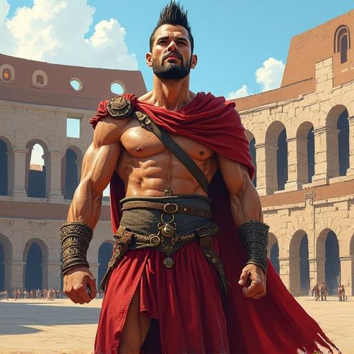 2.5D pen sketch depicting a male warrior standing in a coliseum with an intense expression. Artistic style features colored pencils and visible pencil strokes on textured paper. Non-photorealistic with soft cel shading and artistic depth of field.
