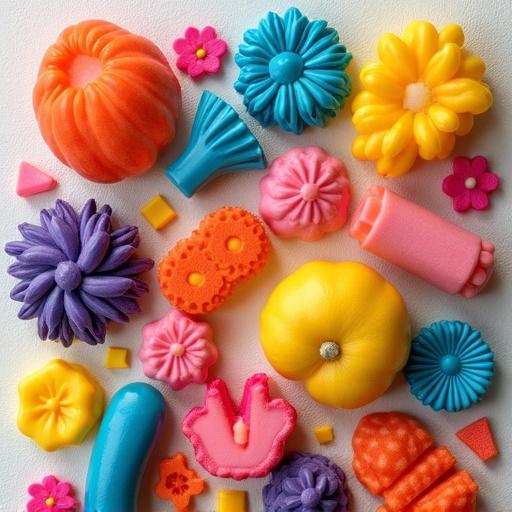 Display of colorful pulp pieces arranged on a surface. Pieces include flowers and abstract shapes in bright colors.
