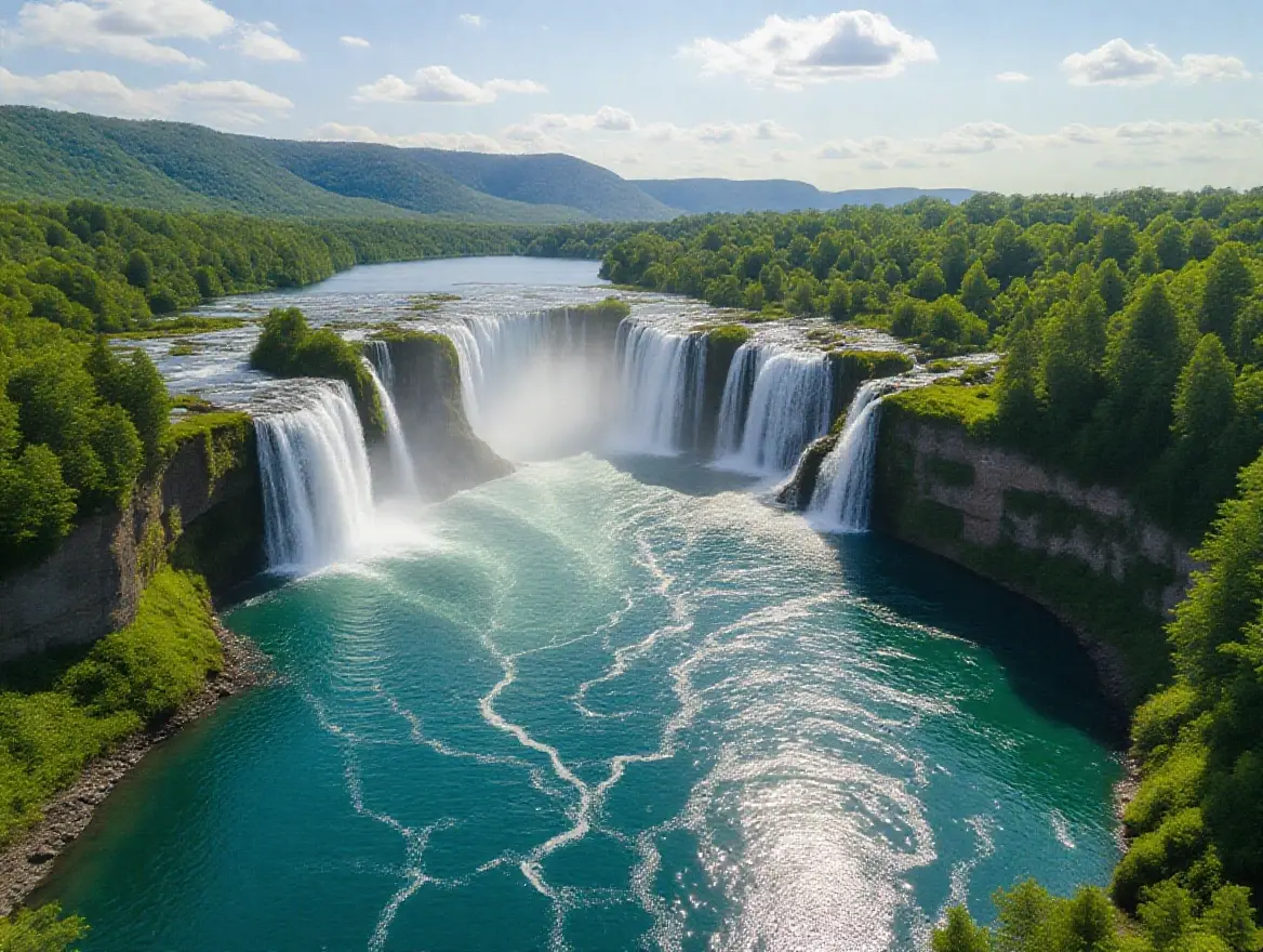 Hyper realistic scene of a powerful waterfall cascading down rugged cliffs into a large serene lake below with lush green surrounding landscape. Dense trees and vibrant vegetation lines the edges of the calm water reflecting the clear blue sky and greenery. Sun shines brightly creating a sparkling effect on the water and highlighting mist rising from the waterfall.