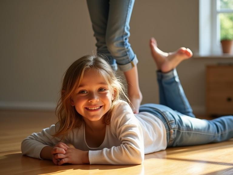 Smiling barefoot girl wearing jeans stands on cheek of friend laying down on a highly reflective wooden floor. Bright atmosphere and playful interaction promote feelings of happiness and childhood innocence.