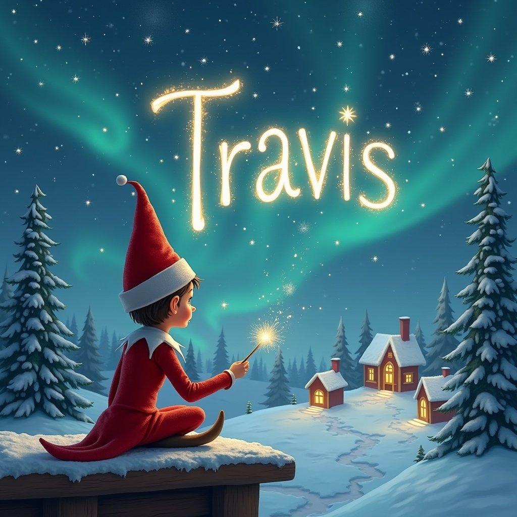 An elf dressed in red sits on a wooden ledge with its back to the camera. The elf holds a sparkling wand and writes the name 'Travis' in the magical sky. The background features a snowy landscape with little houses and evergreen trees under shimmering Northern Lights. This scene captures the essence of childhood magic.