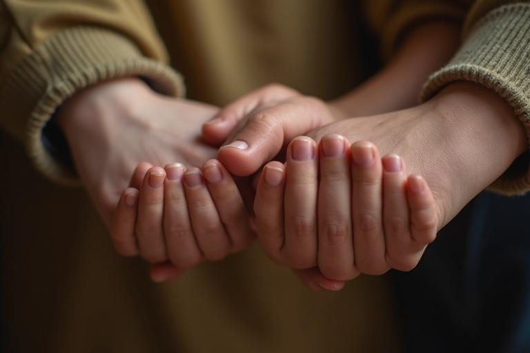 Close-up of a father's hands touching his daughter's arms. Tender moment shared between them. Warm and subdued colors used. Realistic portrait style.