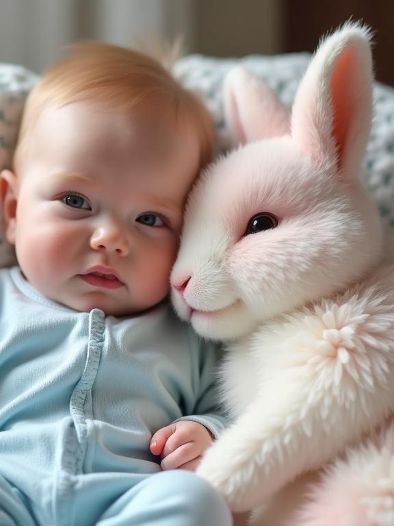 A baby in a soft light blue romper sits comfortably beside a large fluffy rabbit. The rabbit has white and pink fur with long ears. Both exhibit warm and gentle expressions.