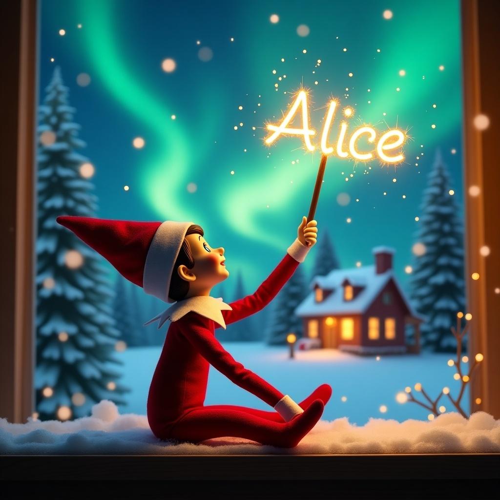 An elf on the shelf named Alice is portrayed sitting with her back to the viewer. She gazes upward, holding a glowing wand that emits sparkling light in the air. A beautiful Christmas scene unfolds in the background, showcasing colorful northern lights that dance above. In the distance, a cozy house decorated for the holidays can be seen with snow covering the ground. The elf's playful position embodies the sense of magic and wonder associated with Christmas. The name ‘Alice’ is created in the shimmering light of the wand, bringing a sense of holiday cheer.