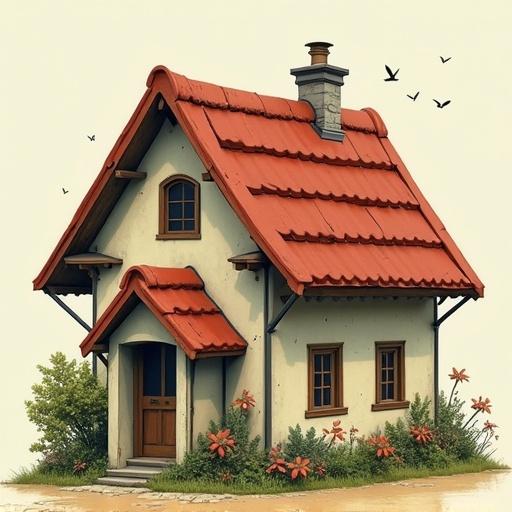 Illustration of a whimsical house with a red roof. The structure has cream-colored walls and is surrounded by greenery and flowers. Birds are flying in the sky. The image has a cheerful and inviting aesthetic.