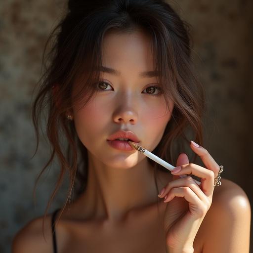 Image of a cute brunette smoking a cigarette captured in a photorealistic style. Warm tones create a casual atmosphere. The focus is on the hand and cigarette.