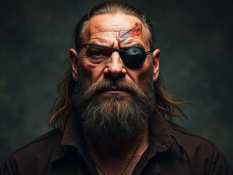 Tough muscular 50 year old pirate head. Features include an eye patch and a scar on the cheek. Rugged appearance with a strong expression.