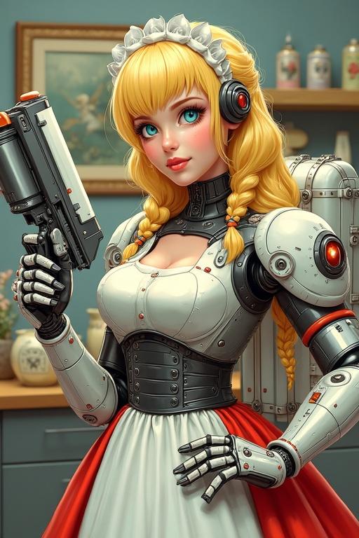 Cyborg character named Uschinator. Character has blonde hair in large curlers. Wears an old-fashioned floral housewife dress with chicken motifs. Futuristic robotic arms with kitchen tools like whisk and laser vacuum. Holds a high-tech vacuum as a weapon. Carries a jetpack made of thermoses. Playful chicken decorations are visible in the background. Character expresses determined yet chaotic vibe.