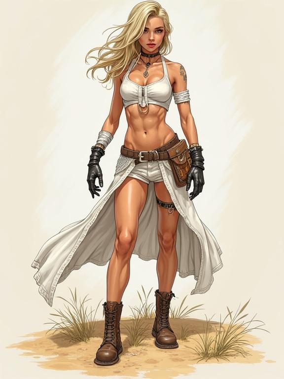 A strong female character with long blonde hair and tattoos. She wears a white outfit with a skirt. The style is inspired by Borderlands. She stands confidently in the image.