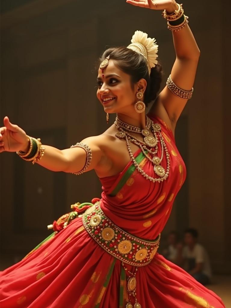 Lavani dancer performing a traditional dance. The dancer wears a vibrant red costume adorned with gold jewelry. Background features warm, muted colors creating a dramatic atmosphere. The dance expresses cultural heritage and artistic talent.