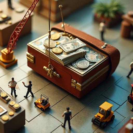 A detailed isometric diorama of an office scene featuring a large purse filled with cash. Miniature figures operate cranes and forklifts around the purse. Highlight on Egyptian currency, gold coins, and office activities. Emphasize dramatic lighting and shallow depth of field for a realistic effect.