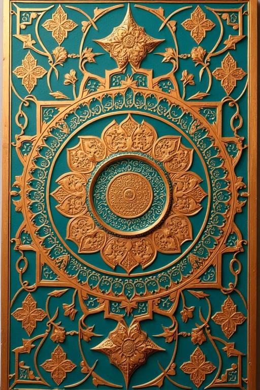 Decorative artwork showcases Islamic calligraphy. Central design with intricate geometric patterns surrounds it. Gold and turquoise colors feature prominently in a star motif. Celebrates cultural heritage.