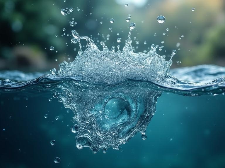 An underwater scene captures a clear splash of water with visible droplets rising from the surface. The light reflects off the water creating an ethereal quality. The image evokes feelings of curiosity and the beauty of physics in action.