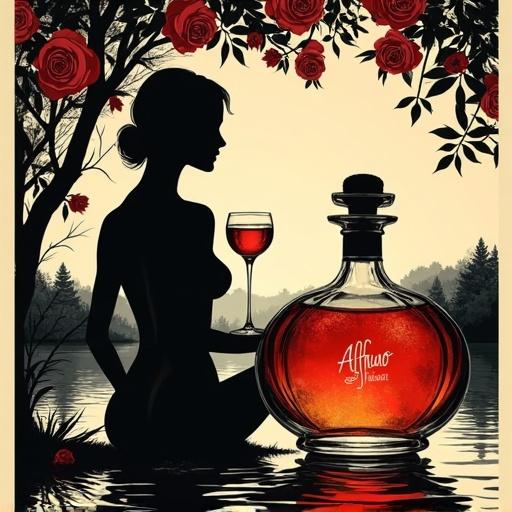 Artwork featuring a silhouette of a voluptuous woman by a pond under a rosebush. She holds a glass with liqueur at chest level. An apothecary-style bottle labeled 'ALFRUNO' stands at the bottom. The scene is black and beige, vintage in feel, and emphasizes sensuality.