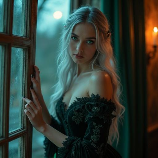A mysterious woman stands by an open window. She has long silver hair and deep emerald eyes. She gently parts the curtains and gazes at the viewer. The room is gothic Victorian and candle-lit. It is night outside with soft moonlight. She is wearing an elegant dark velvet gown with intricate embroidery. The atmosphere is dramatic with soft shadows.