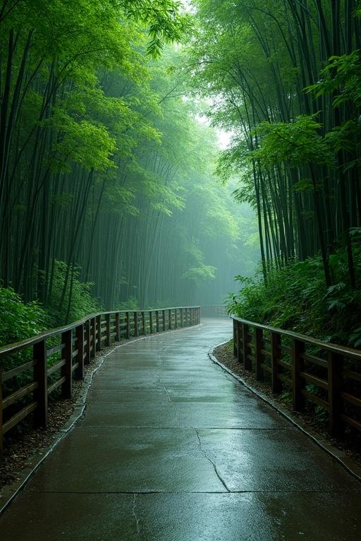 Winding narrow road curves gently through a dense green forest. Captured during gentle rain showers. Tall bamboo and vibrant green foliage create a canopy. Wooden railings line the wet path. Pavement is slick and reflective. Soft diffused lighting gives a moody atmosphere. Hyper-realistic details and cinematic lighting emphasize deep greens.