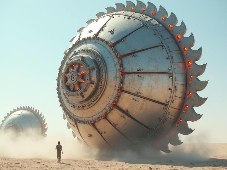 Image depicts enormous silver mechanical saw blades in a desert. Structures are massive with intricate textures. Bright sunlight and blue sky enhance the scene. Dust surrounds the base of the machines. Red and orange lights glow from within. A lone figure stands near the machines, illustrating scale.