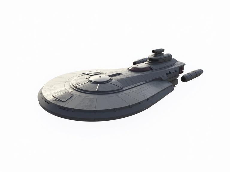 Sci-fi starship on a white background. 3D model showcasing futuristic design and sleek shape. Minimalist aesthetic.