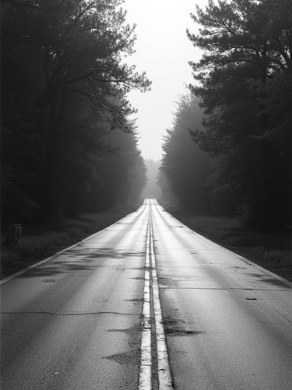 High-contrast image features a concrete road extending into a black void. The last portion of the road is underexposed. The horizon appears bleached to white. The end reveals raw paper due to a negative mask. The image includes slight film grain for texture.