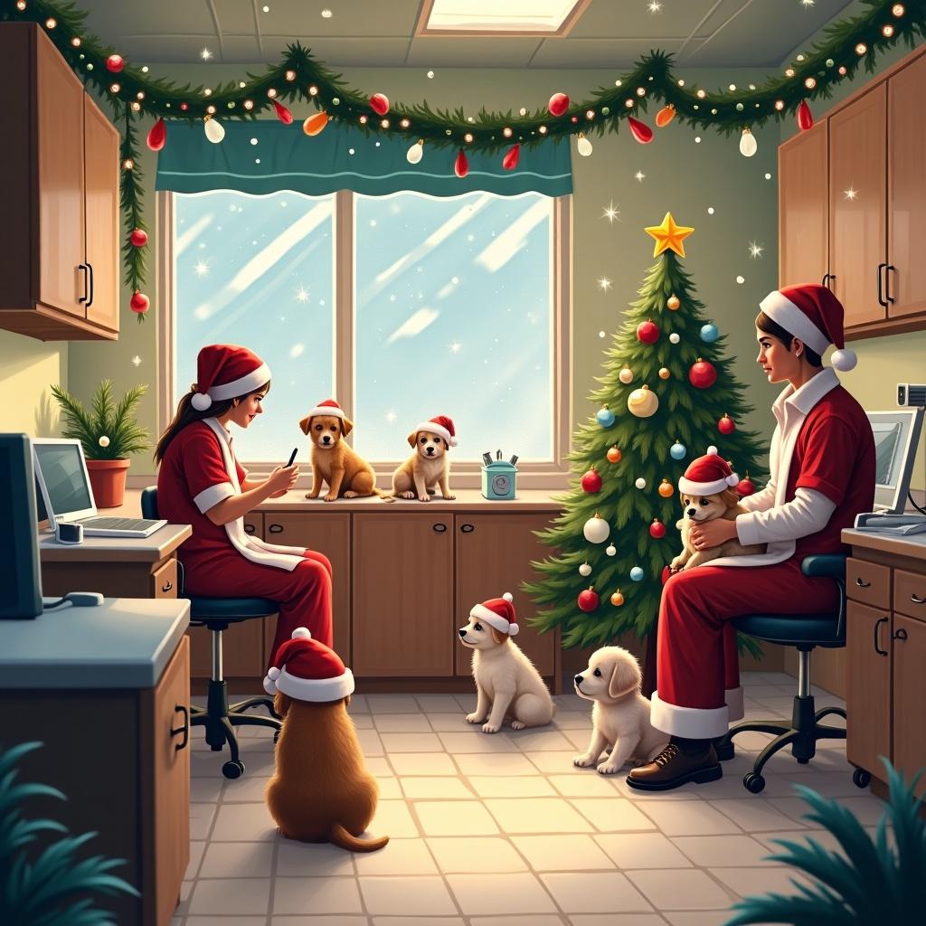 A Christmas-themed animal hospital scene with festive decor. Two veterinarians are interacting with puppies in a warmly lit room. A Christmas tree stands in the corner. Puppies are present, creating a joyful atmosphere.