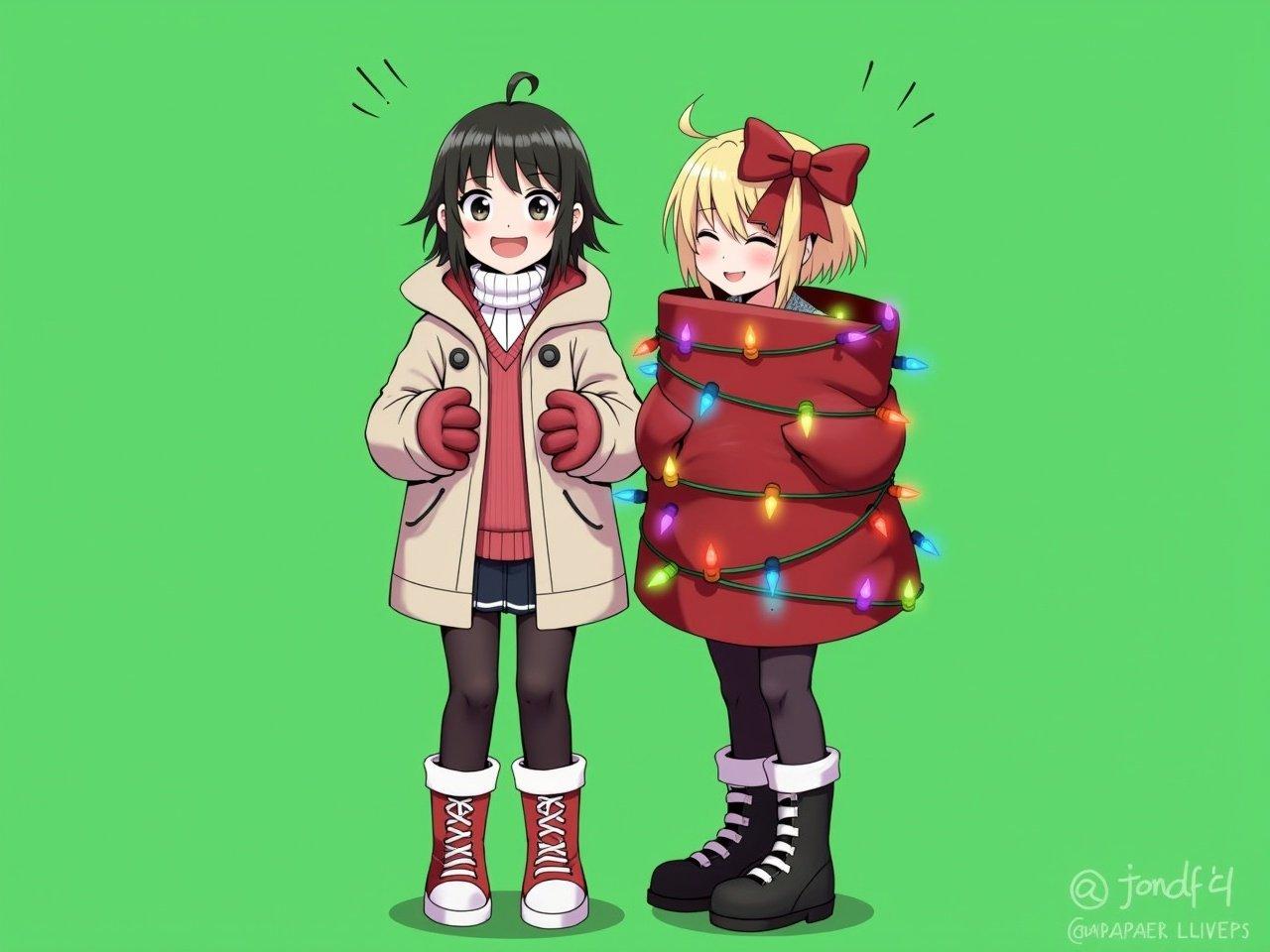 The image features two characters standing together against a green background. One character is wrapped in what appears to be a large red bow, resembling a gift. The other character is decorated with colorful Christmas lights, enhancing the festive theme. Both are wearing coats that add to the holiday atmosphere. The setting suggests a humorous or light-hearted context, likely related to Christmas. The overall look is cheerful and playful, emphasizing the theme of the holiday season.