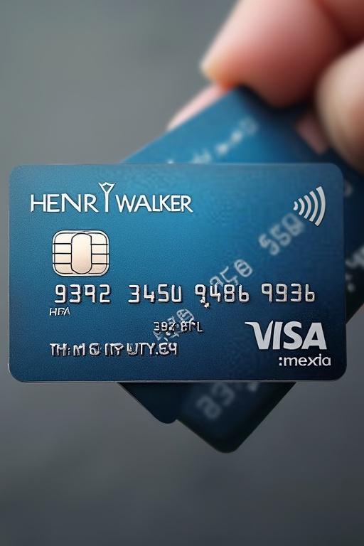 Image of a credit card held in hand. The card is blue with a contactless payment symbol. It features the name Henry Walker. The card number partially visible ends with 9936.