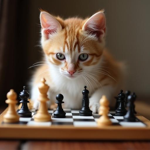 A cute cat focused on a chess game. The cat looks curious and engaged with the chessboard. The chess pieces are arranged on the board. Soft natural lighting highlights the scene.